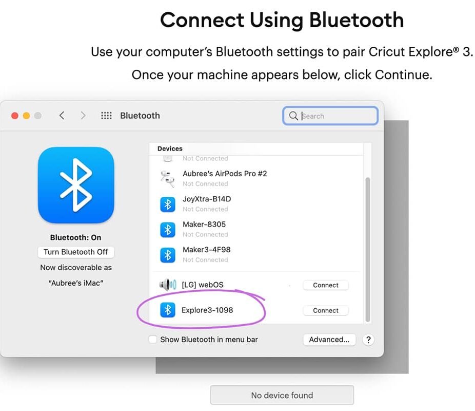 Cricut Explore 3 Bluetooth connection screen