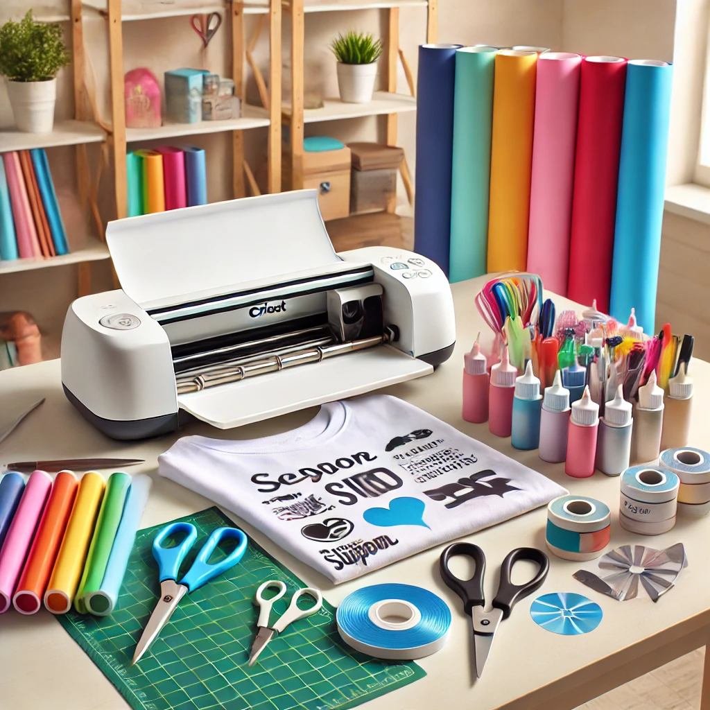 Close-up of essential Cricut tools for making custom t-shirts, including a Cricut machine, vibrant heat transfer vinyl, weeding tools, scissors, and a blank t-shirt ready for crafting. The setup is on a well-organized table in a bright crafting room