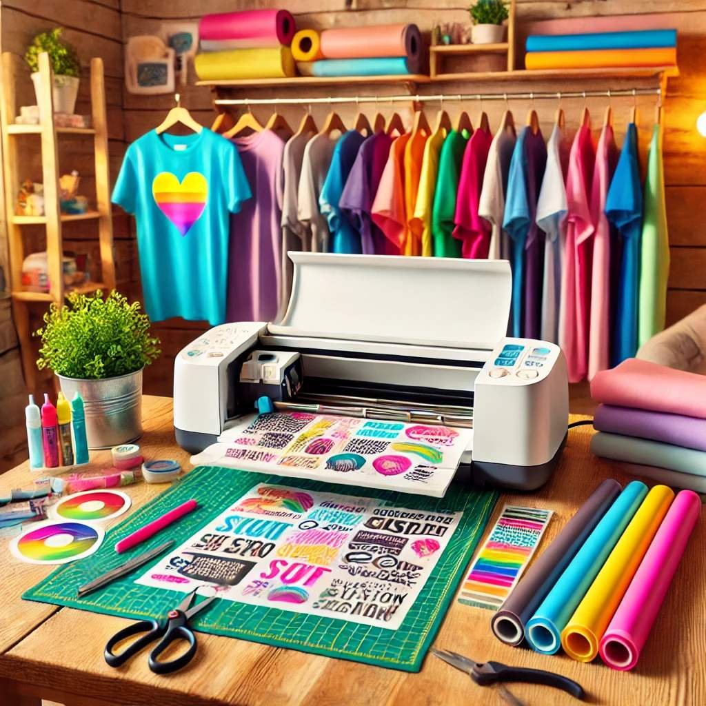 A vibrant crafting workspace featuring a Cricut machine creating a custom t-shirt. The table is neatly organized with tools like scissors, weeding tools, and colorful rolls of heat transfer vinyl. A finished t-shirt with a bright design lies next to the machine, showcasing the crafting process.