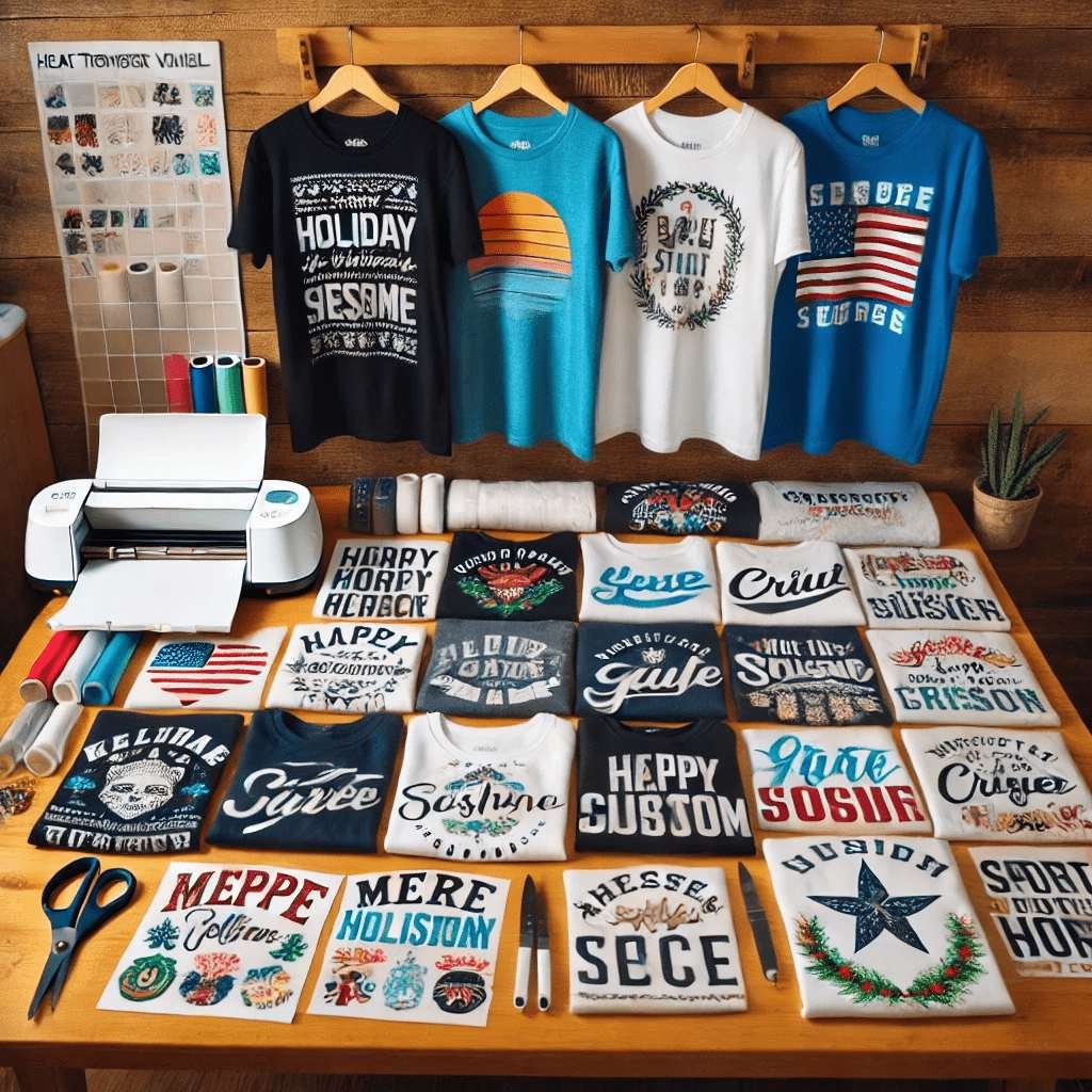 A collection of custom t-shirts made with a Cricut machine. Designs include holiday themes, sports logos, and inspirational quotes. The shirts are displayed on a wooden table alongside crafting tools and vibrant rolls of vinyl.