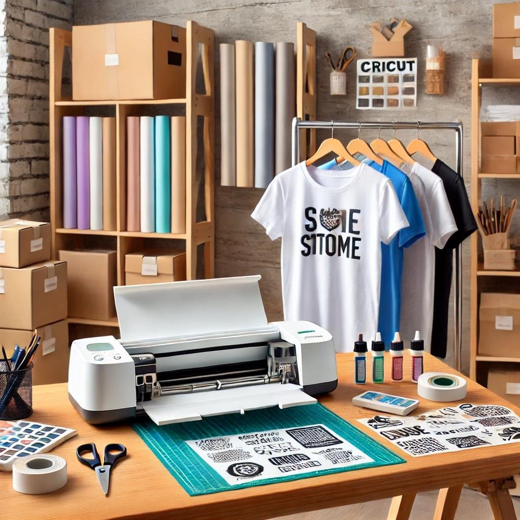 A professional small business workspace featuring a Cricut machine, custom t-shirts on a display rack, and tools like scissors and heat transfer vinyl rolls. Packaging materials like branded labels and shipping boxes emphasize the entrepreneurial spirit.