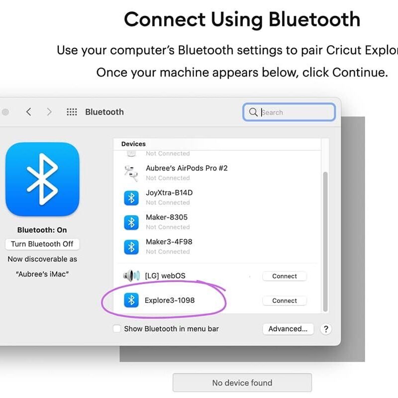 Cricut Explore 3 Bluetooth Connectivity Cricut Explore 3 Bluetooth connection screen